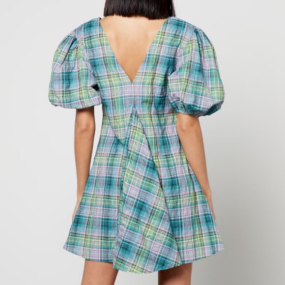 Ganni Puff Sleeve Lagoon Seersucker Check Plaid Mini Dress Preppy Scandi Girl - Picture 2 of 16